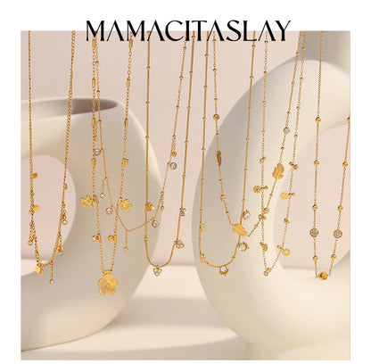 MamacitaSlay 316L Stainless Steel Zircon Flower Stackable Necklace Party Waterproof Neck Jewelry Women's Elegant Necklace Gift