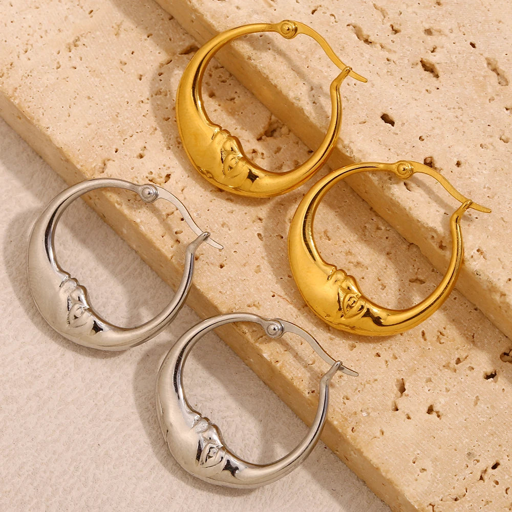 MamacitaSlay 18K Gold Plated Stainless Steel Moon Hoop Earrings Unique Waterproof Jewelry Women's Charm Statement Earrings Gift