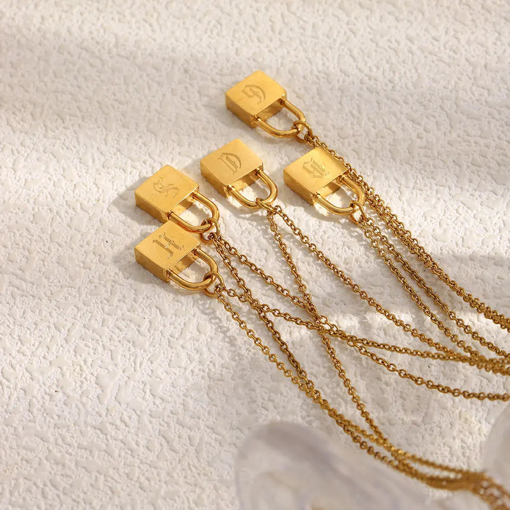 MamacitaSlay 316L Stainless Steel Ancient Letters Engaged Lock Pendant Necklace 18K Gold Plated Waterproof Neck Jewelry Gift