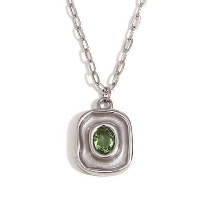 MamacitaSlay Retro Irregular Pendant Round Green Zircon Paper Clip Chain Women's Necklace Trendy Women's Stainless Steel Jewelry