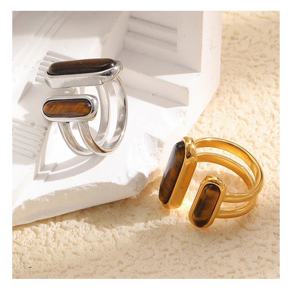 MamacitaSlay 316L Stainless Steel Tiger Eye Asymmetric Ring 18K Gold Plated Waterproof Vintage Jewelry For Women Everyday Wear