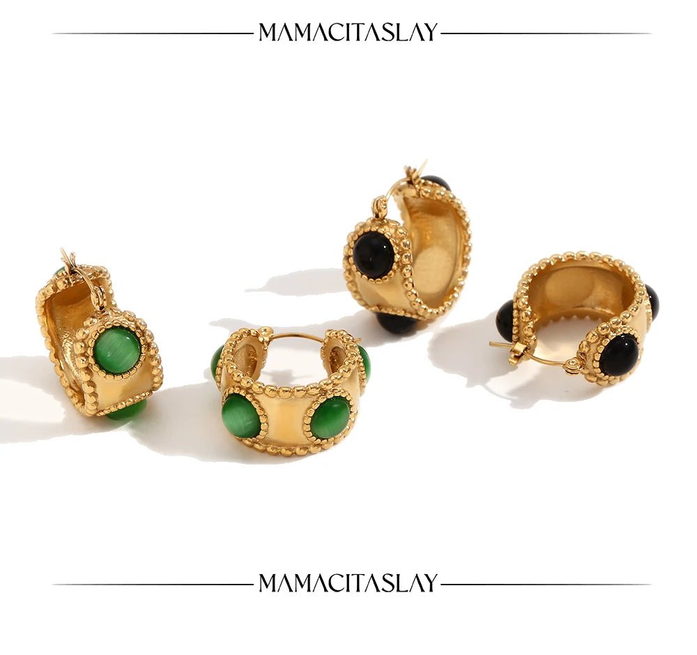 MamacitaSlay 316L Stainless Steel Retro Agate Beaded Edge Hoop Earrings 18K Gold Plated Waterproof Jewelry For Women Daily Wear