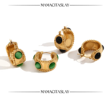 MamacitaSlay 316L Stainless Steel Retro Agate Beaded Edge Hoop Earrings 18K Gold Plated Waterproof Jewelry For Women Daily Wear