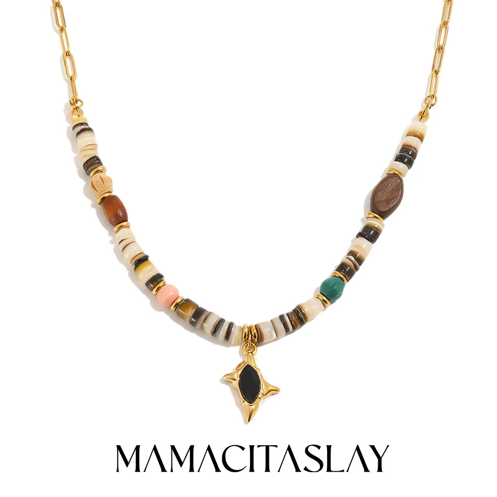 MamacitaSlay 316L Stainless Steel Natural Stone Bead Black Star Necklace 18K Gold Plated Waterproof Jewelry For Women Boho Gifts