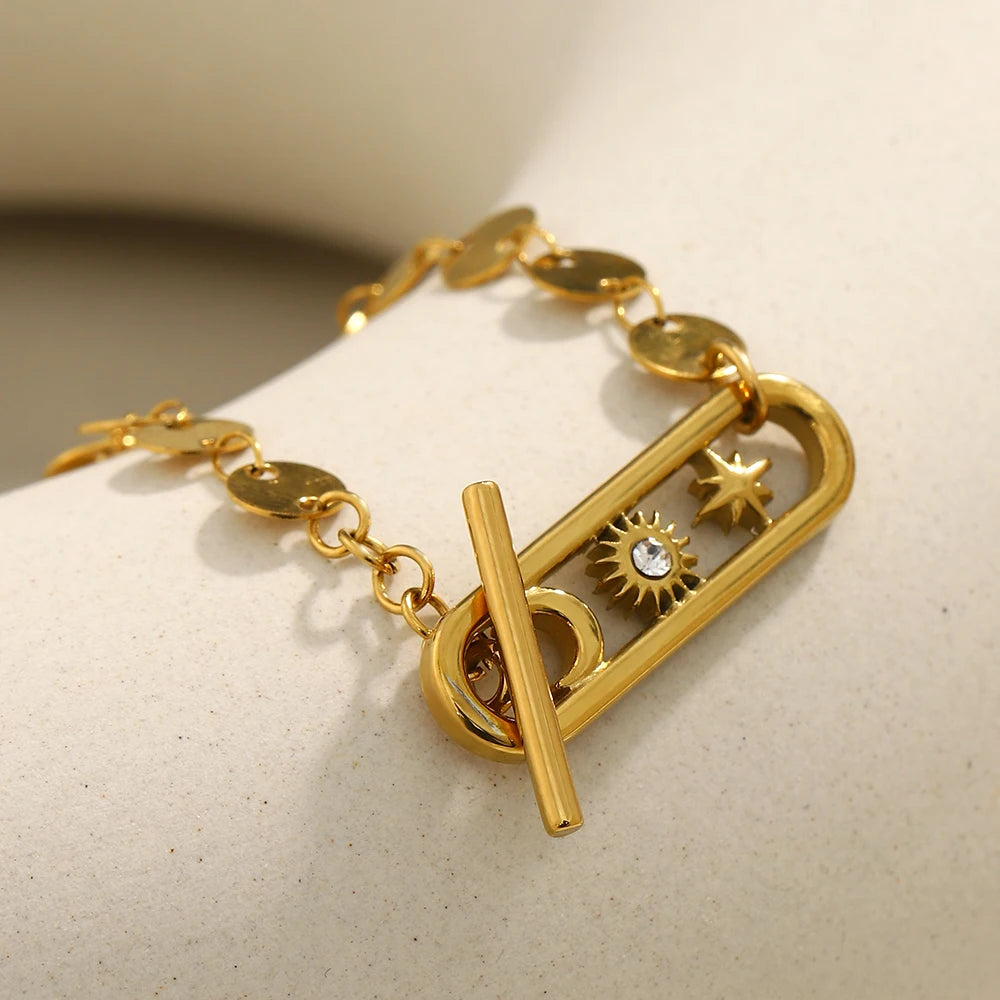 MamacitaSlay 316L Stainless Steel Celestial Sun Moon Star OT Chain Bracelet 18K Gold Plated Waterproof Jewelry For Women Gift