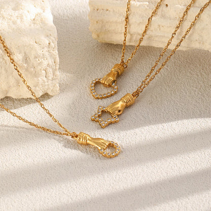 MamacitaSlay 316L Stainless Steel Hand Holding CZ Pendant Necklace 18K Gold Plated Waterproof Jewelry For Women Unique Gift