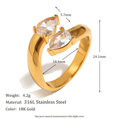 MamacitaSlay 316L Stainless Steel Double Zircon Serpentine Opening Ring Waterproof 18K Gold Plated Jewelry Women's Elegant Gift