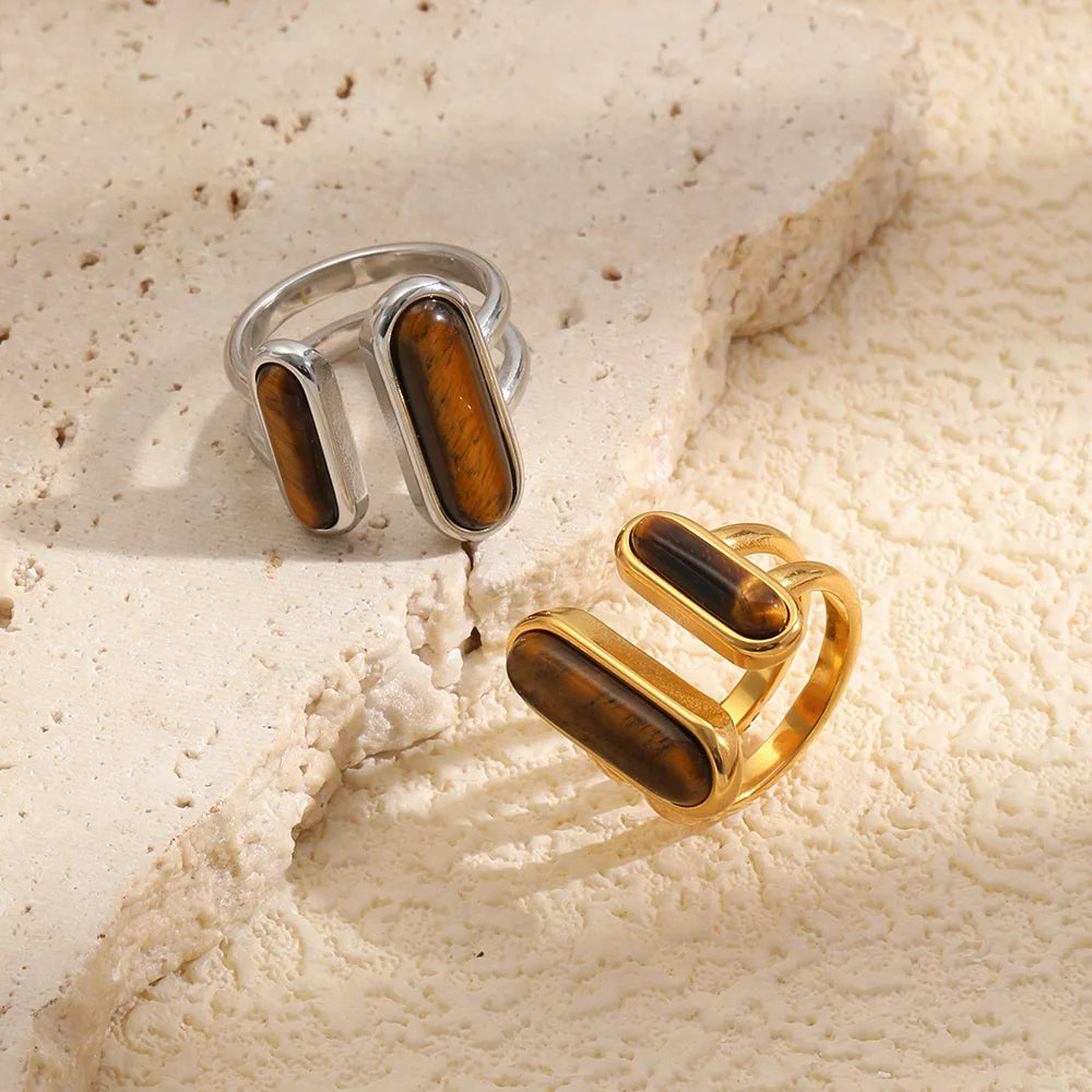 MamacitaSlay 316L Stainless Steel Tiger Eye Asymmetric Ring 18K Gold Plated Waterproof Vintage Jewelry For Women Everyday Wear