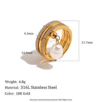 MamacitaSlay 316L Stainless Steel Baroque Pearl Zircon Ring 18K Gold Plated Waterproof Casual Statement Jewelry For Women Gift