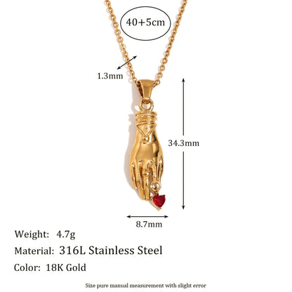 MamacitaSlay 316L Stainless Steel Red Heart Hand Pendant Necklace 18K Gold Plated Waterproof Jewelry For Women Vintage Style