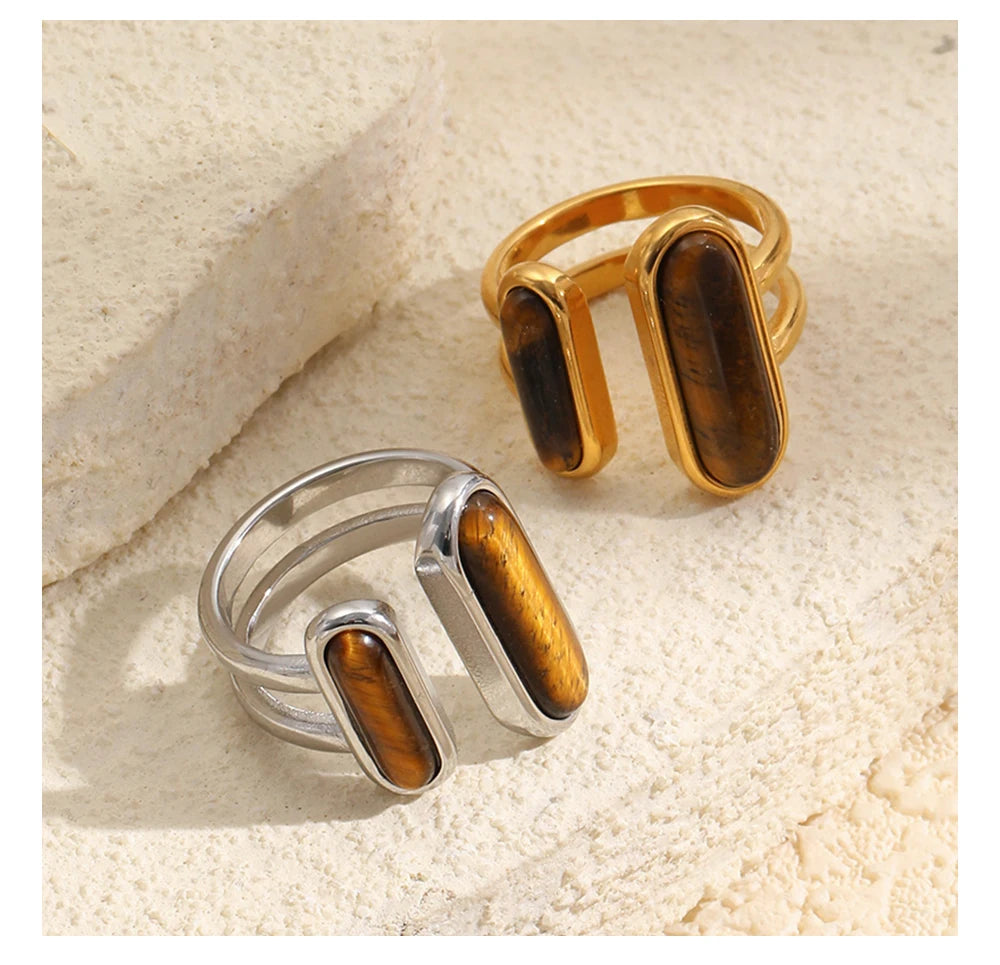MamacitaSlay 316L Stainless Steel Tiger Eye Asymmetric Ring 18K Gold Plated Waterproof Vintage Jewelry For Women Everyday Wear