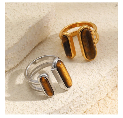 MamacitaSlay 316L Stainless Steel Tiger Eye Asymmetric Ring 18K Gold Plated Waterproof Vintage Jewelry For Women Everyday Wear