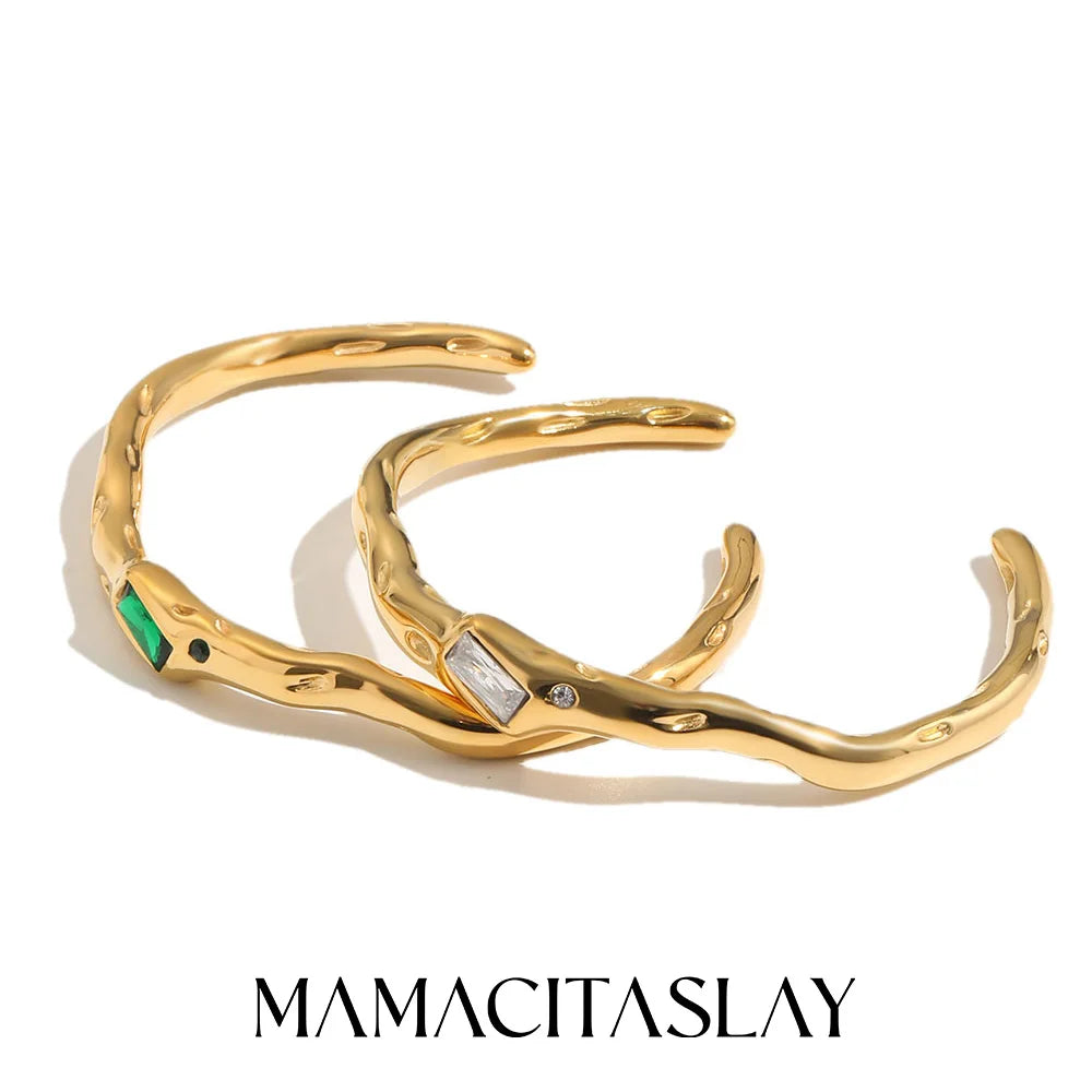 MamacitaSlay 316L Stainless Steel Twisted Shape Zircon Cuff Bracelet 18K Gold Plated Waterproof Jewelry For Women Everyday Wear