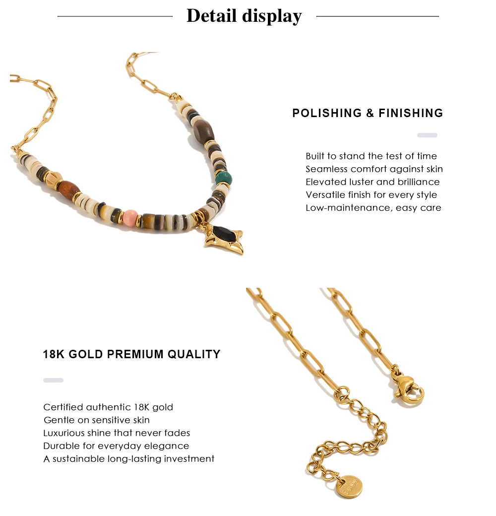 MamacitaSlay 316L Stainless Steel Natural Stone Bead Black Star Necklace 18K Gold Plated Waterproof Jewelry For Women Boho Gifts