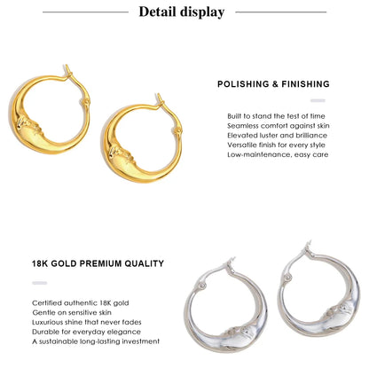 MamacitaSlay 18K Gold Plated Stainless Steel Moon Hoop Earrings Unique Waterproof Jewelry Women's Charm Statement Earrings Gift