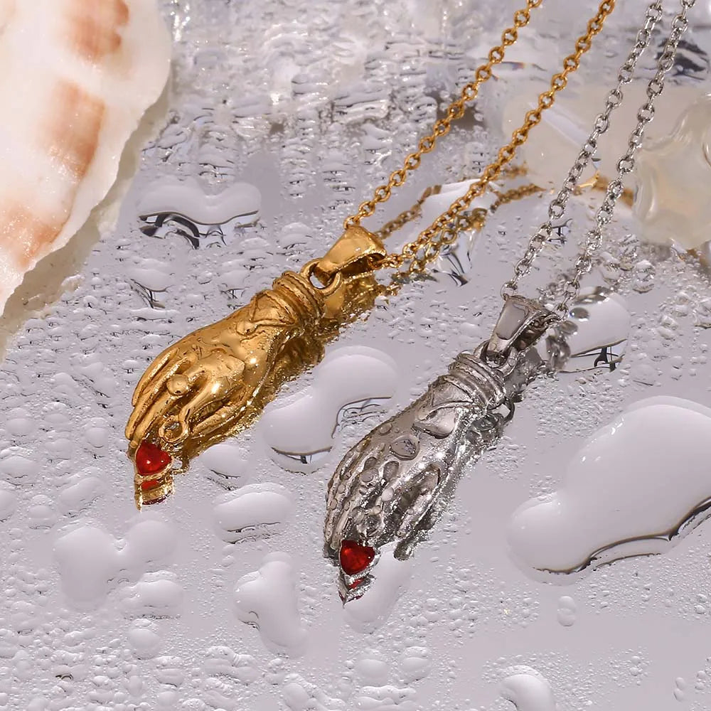 MamacitaSlay 316L Stainless Steel Red Heart Hand Pendant Necklace 18K Gold Plated Waterproof Jewelry For Women Vintage Style