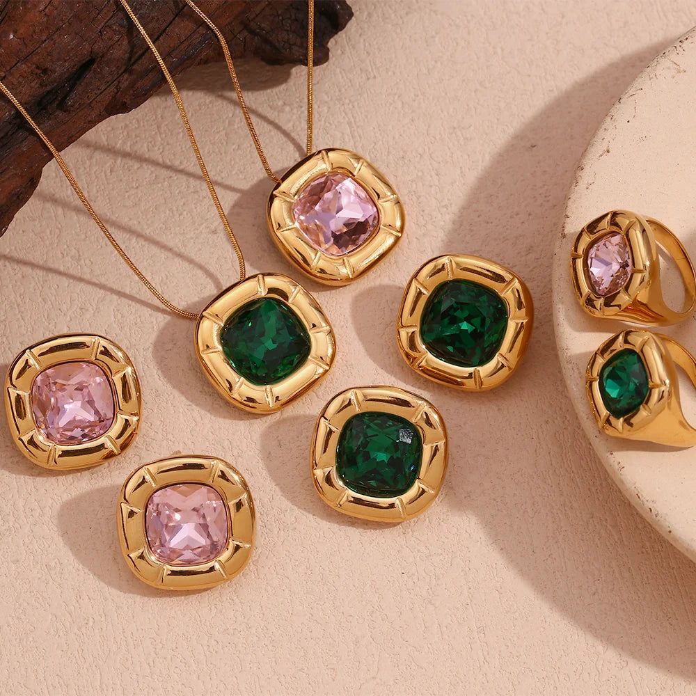 MamacitaSlay 18K Gold Plated Stainless Steel Rounded Square Zircon Necklace Earring Ring Women's Fashionable Waterproof Jewelry