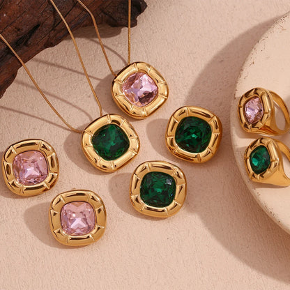 MamacitaSlay 18K Gold Plated Stainless Steel Rounded Square Zircon Necklace Earring Ring Women's Fashionable Waterproof Jewelry