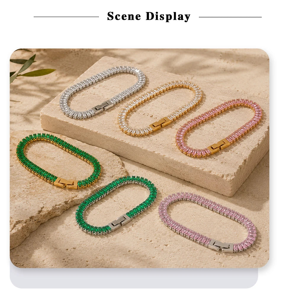 MamacitaSlay 316L Stainless Steel Baguette Zircon Bracelet 18K Gold Plated Waterproof Jewelry For Women Trend Stackable Bracelet
