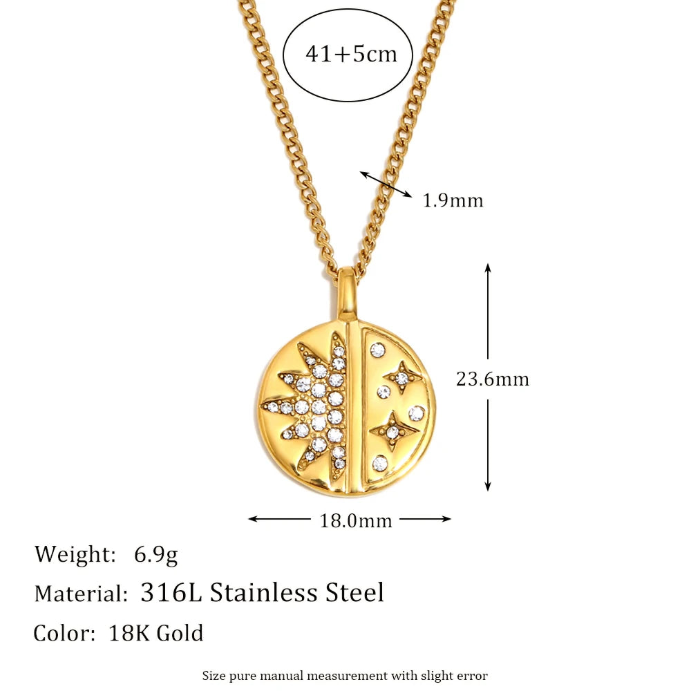 MamacitaSlay Minimalist Stainless Steel Zircon Sun Moon Star Zircon Pendant Necklace Creative Waterproof Jewelry Women's Gift