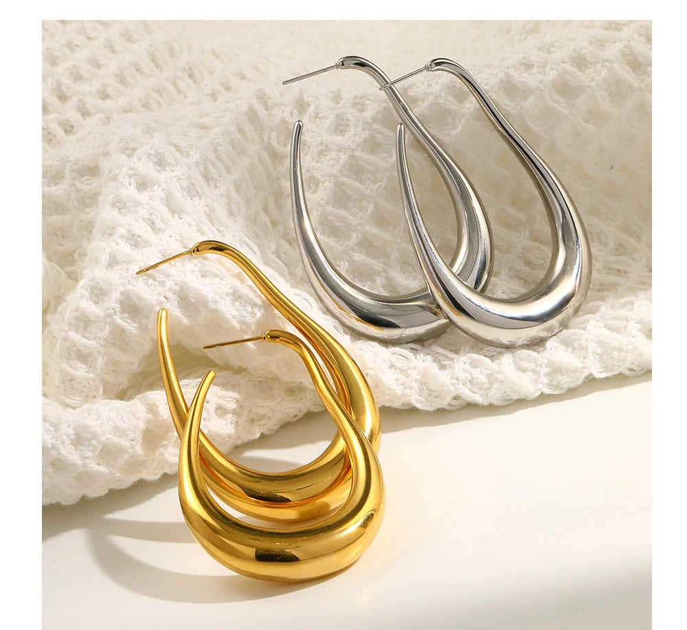 MamacitaSlay Unique Exaggerated 18K Gold Plated Stainless Steel Pear Shape Hollow Hoop Earrings Party Women's Waterproof Jewelry