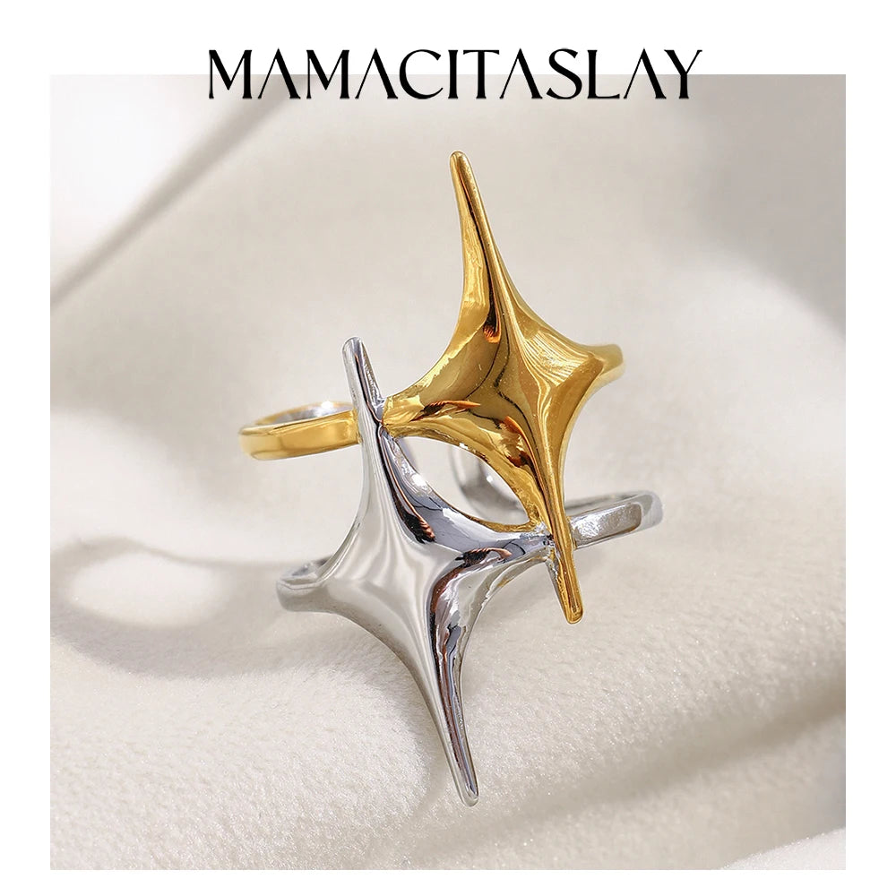 MamacitaSlay 316L Stainless Steel Mixed Color Double Star Open Ring Women's Party Waterproof 18K Gold Plated Ring Unique Ring