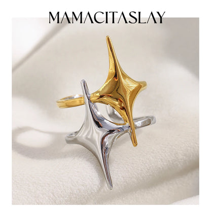 MamacitaSlay 316L Stainless Steel Mixed Color Double Star Open Ring Women's Party Waterproof 18K Gold Plated Ring Unique Ring