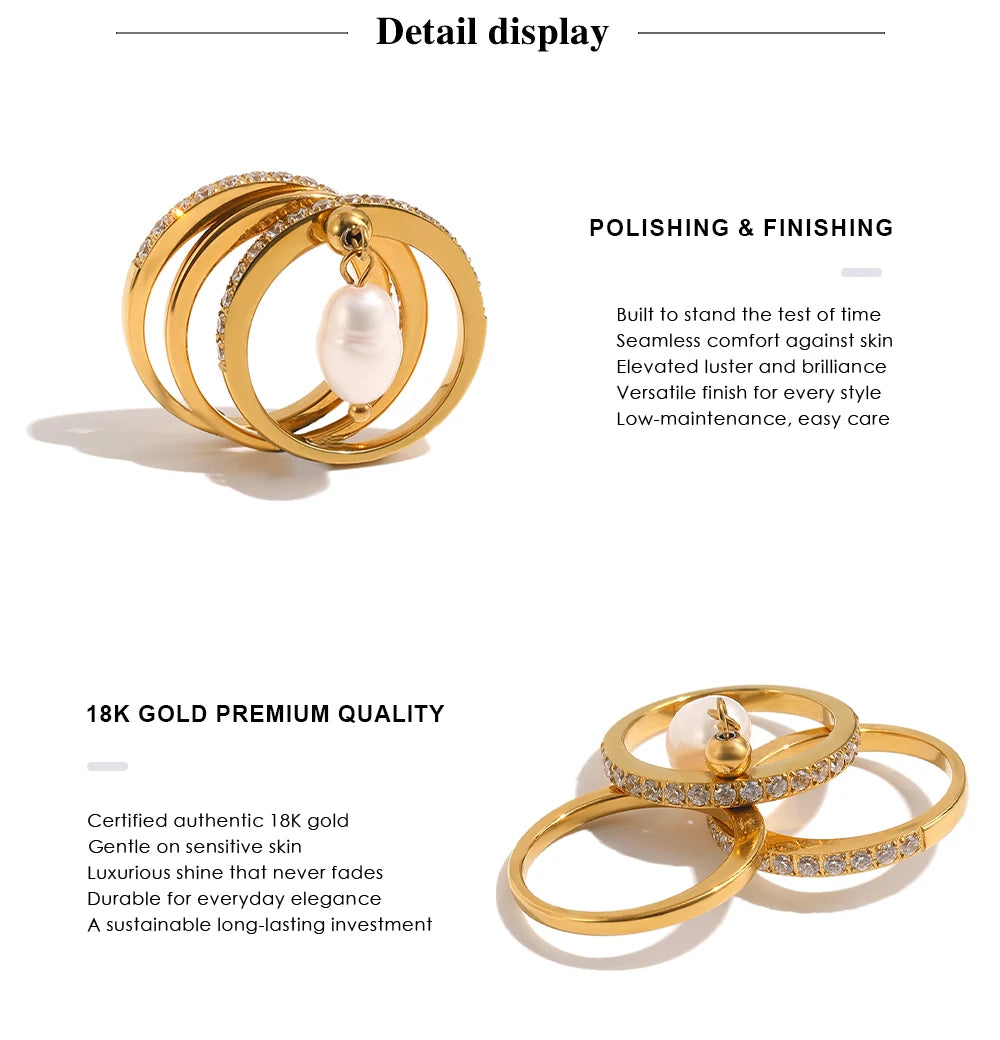 MamacitaSlay 316L Stainless Steel Baroque Pearl Zircon Ring 18K Gold Plated Waterproof Casual Statement Jewelry For Women Gift