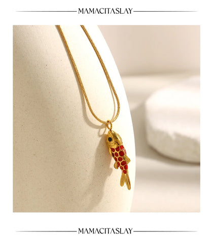 MamacitaSlay 316L Stainless Steel Enamel Koi Fish Pendant Necklace Party Waterproof Neck Jewelry Women's Elegant Necklace Gift