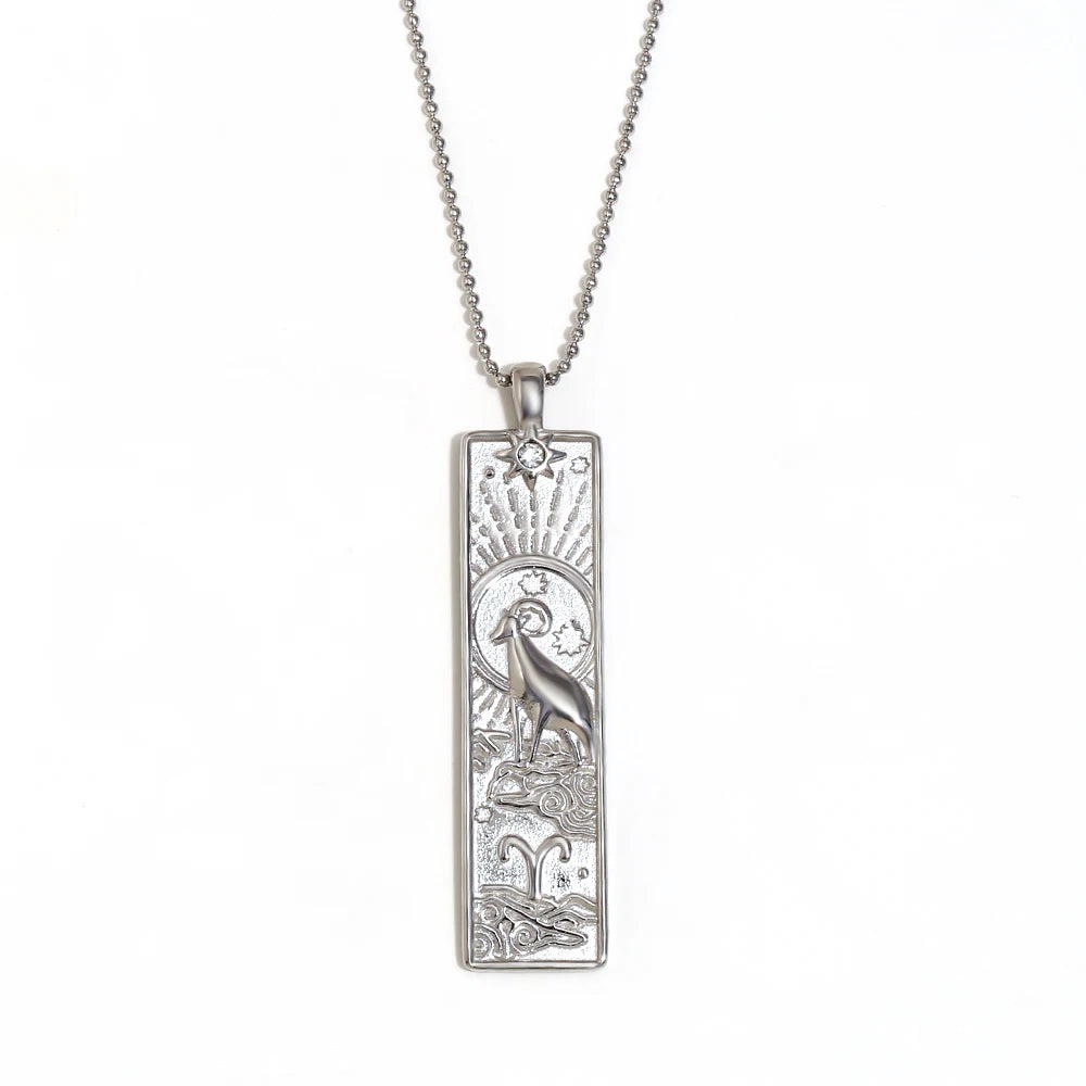 MamacitaSlay 316L Stainless Steel Zodiac Sign Rectangle Pendant Necklace 18K Gold Plated Waterproof Jewelry For Women Daily Wear