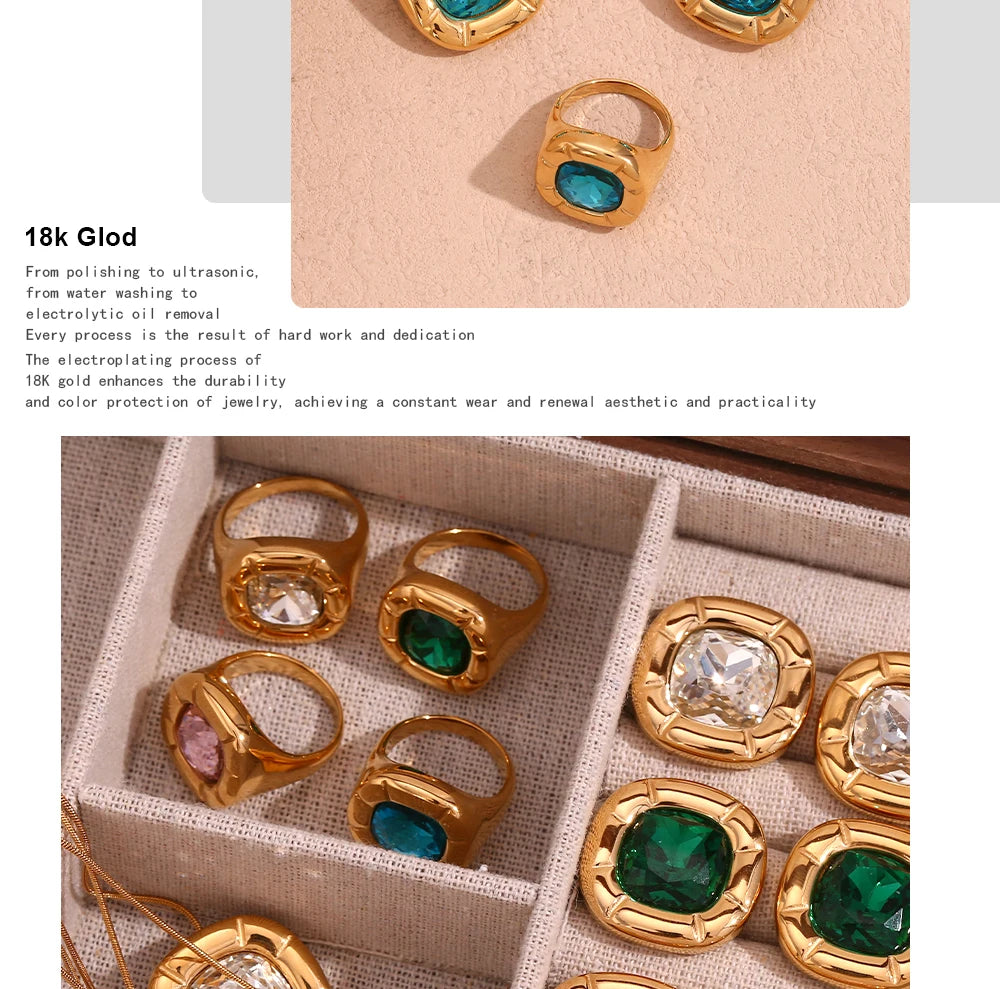 MamacitaSlay 18K Gold Plated Stainless Steel Rounded Square Zircon Necklace Earring Ring Women's Fashionable Waterproof Jewelry