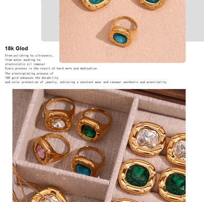 MamacitaSlay 18K Gold Plated Stainless Steel Rounded Square Zircon Necklace Earring Ring Women's Fashionable Waterproof Jewelry