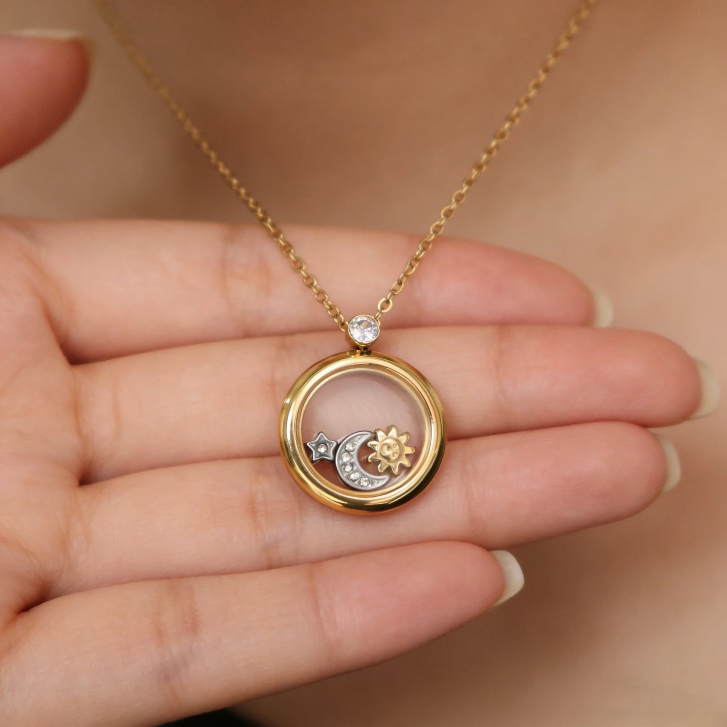 MamacitaSlay 316L Stainless Steel Celestial Pendant Necklace 18K Gold Plated Waterproof Jewelry Gift For Women Everyday Wear