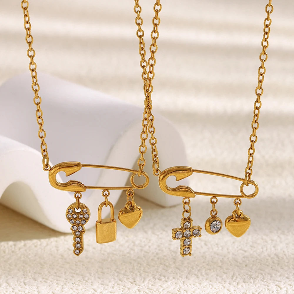 MamacitaSlay 316L Stainless Steel Zircon Paper Clip Key Lock Cross Pendant Necklace Waterproof Jewelry Women's Creative Necklace