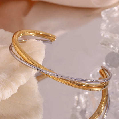 MamacitaSlay Women's Jewelry Double Layer Crossed Opening Bracelet High-end Women's Stainless Steel Gold Plated Bracelet