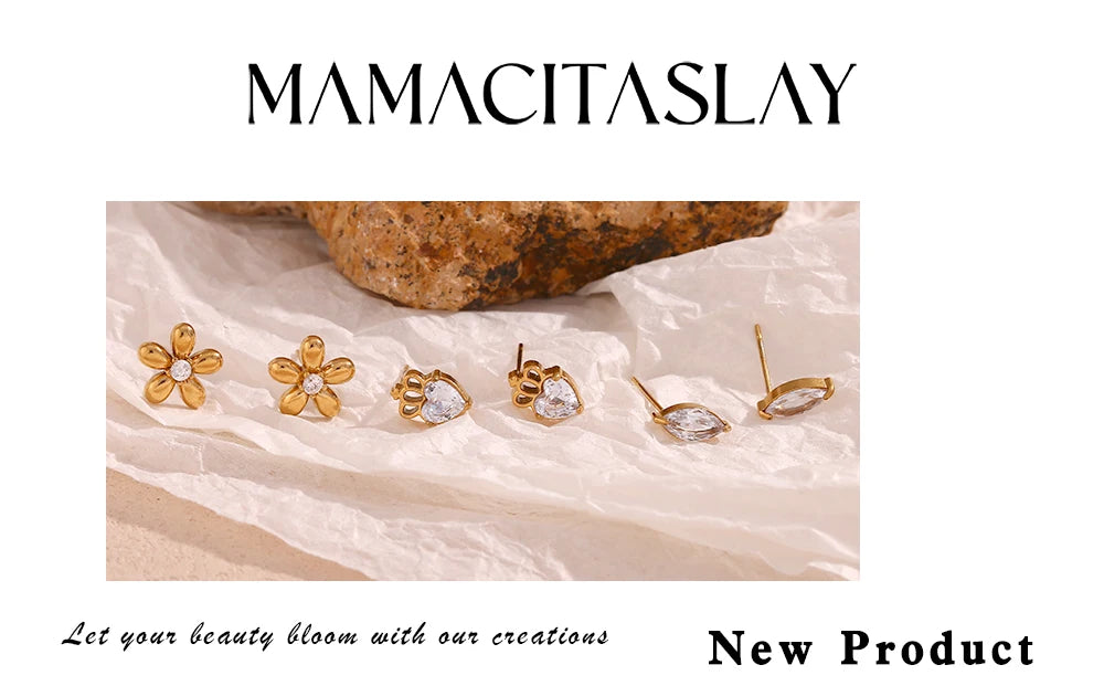 MamacitaSlay Delicate Zircon Flower Crown Horse Eye Stainless Steel Earrings Mini 18K Gold Plated Stud Earrings Fashion Jewelry