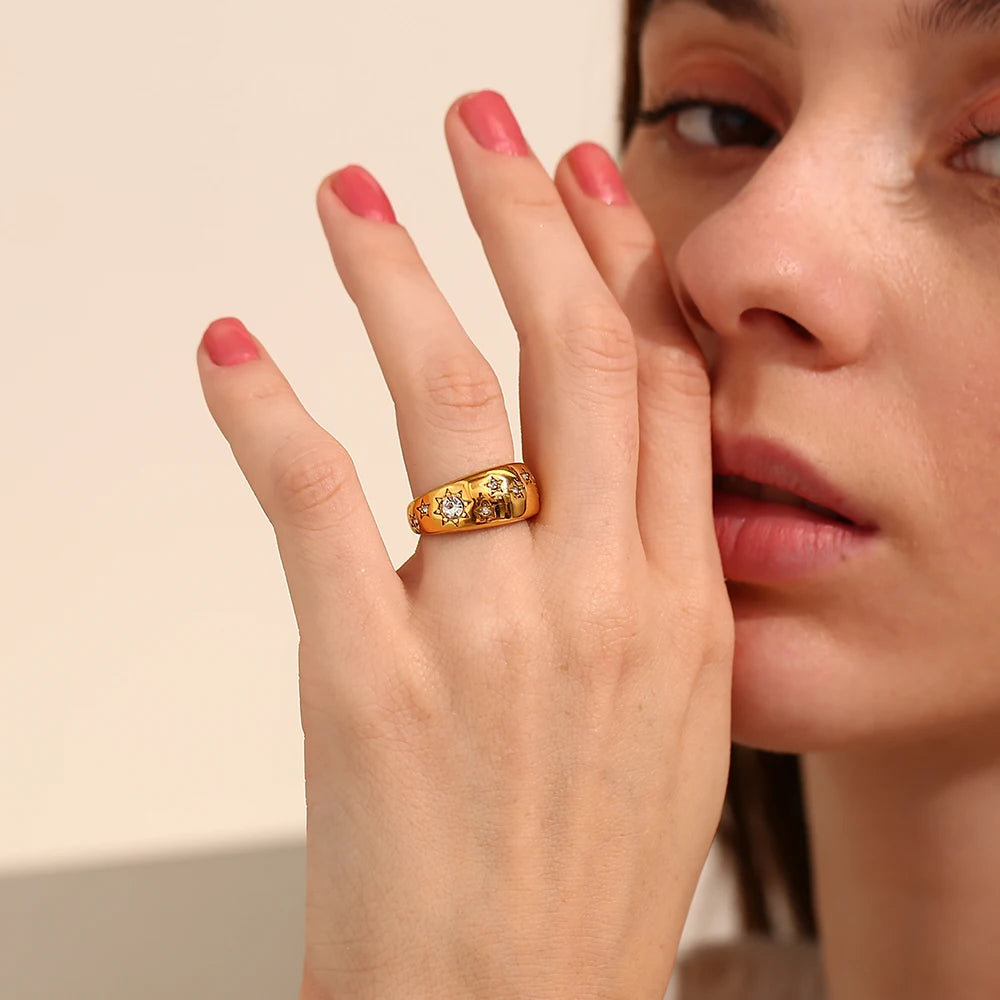 MamacitaSlay Stainless Steel 18K Gold Plated Sun Moon Stars Ring 2025 New Design Waterproof Jewelry Women's Charm Finger Jewelry