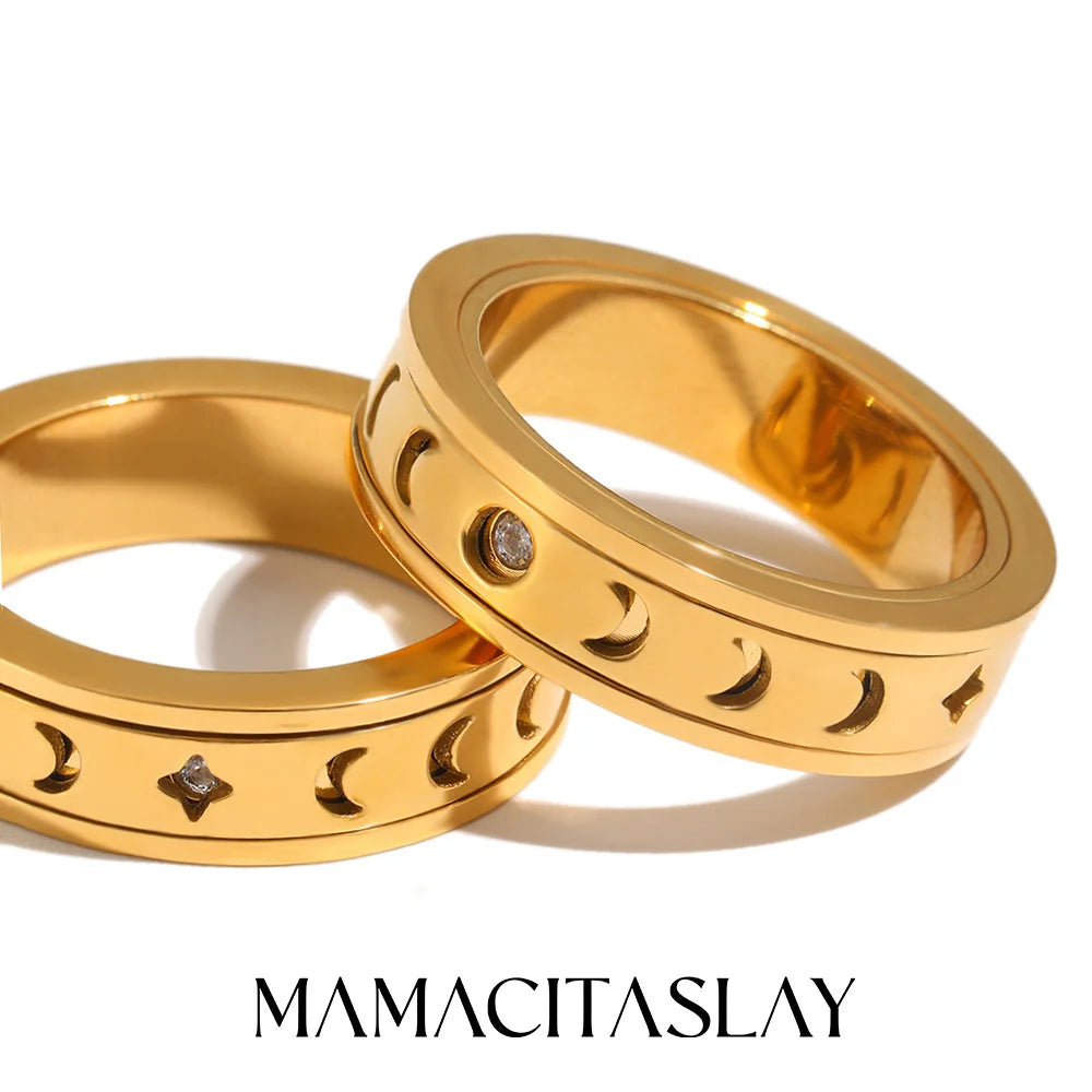 MamacitaSlay 316L Stainless Steel Spinning Moon Star Hollow Out Zircon Ring 18K Gold Plated Waterproof Jewelry For Women Gift