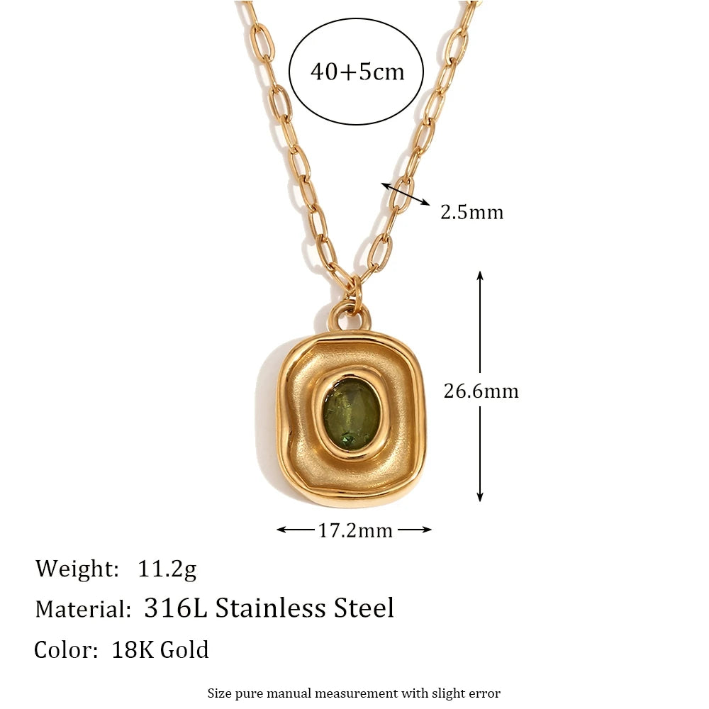 MamacitaSlay Retro Irregular Pendant Round Green Zircon Paper Clip Chain Women's Necklace Trendy Women's Stainless Steel Jewelry