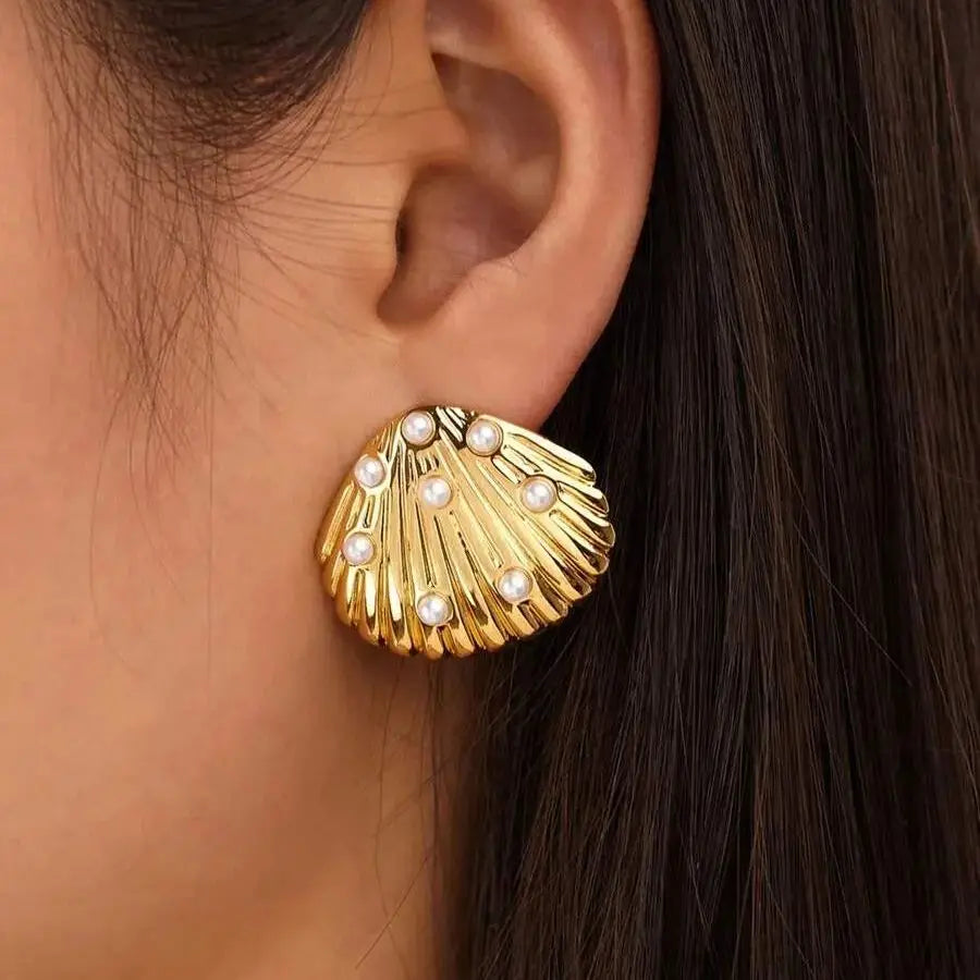 Golden Shell Pearl Stud Earrings