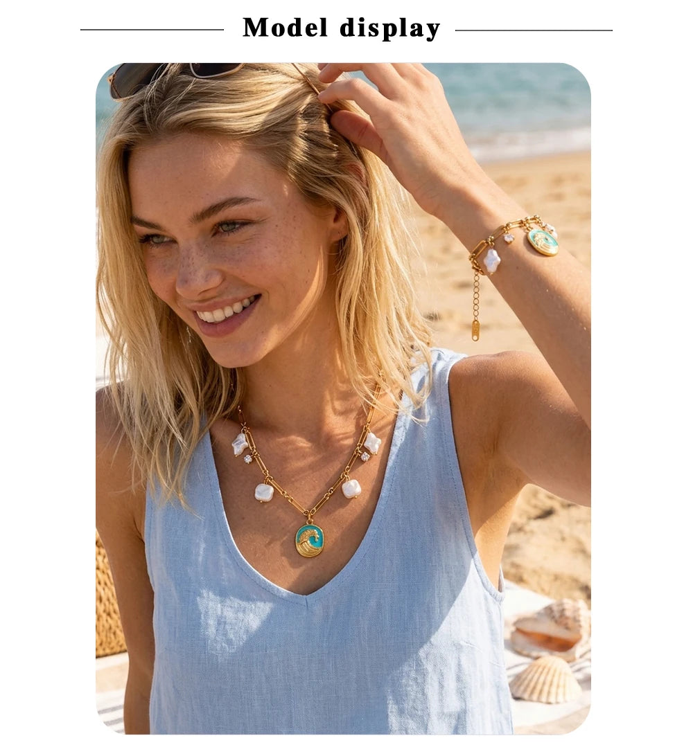 MamacitaSlay 316L Stainless Steel Baroque Pearl Enamel Pendant Bracelet Necklace 18K Gold Plated Waterproof Jewelry For Women