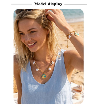 MamacitaSlay 316L Stainless Steel Baroque Pearl Enamel Pendant Bracelet Necklace 18K Gold Plated Waterproof Jewelry For Women