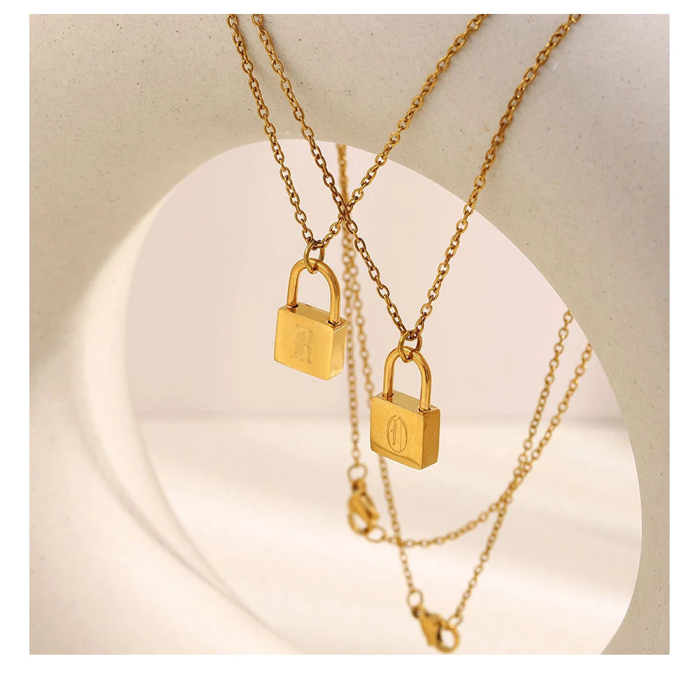 MamacitaSlay 316L Stainless Steel Ancient Letters Engaged Lock Pendant Necklace 18K Gold Plated Waterproof Neck Jewelry Gift