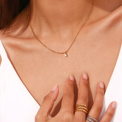 MamacitaSlay Elegant Half Rice Beads Chain Half Round Beads Chain Shiny Round Zircon Pendant Women's Stainless Steel Necklace