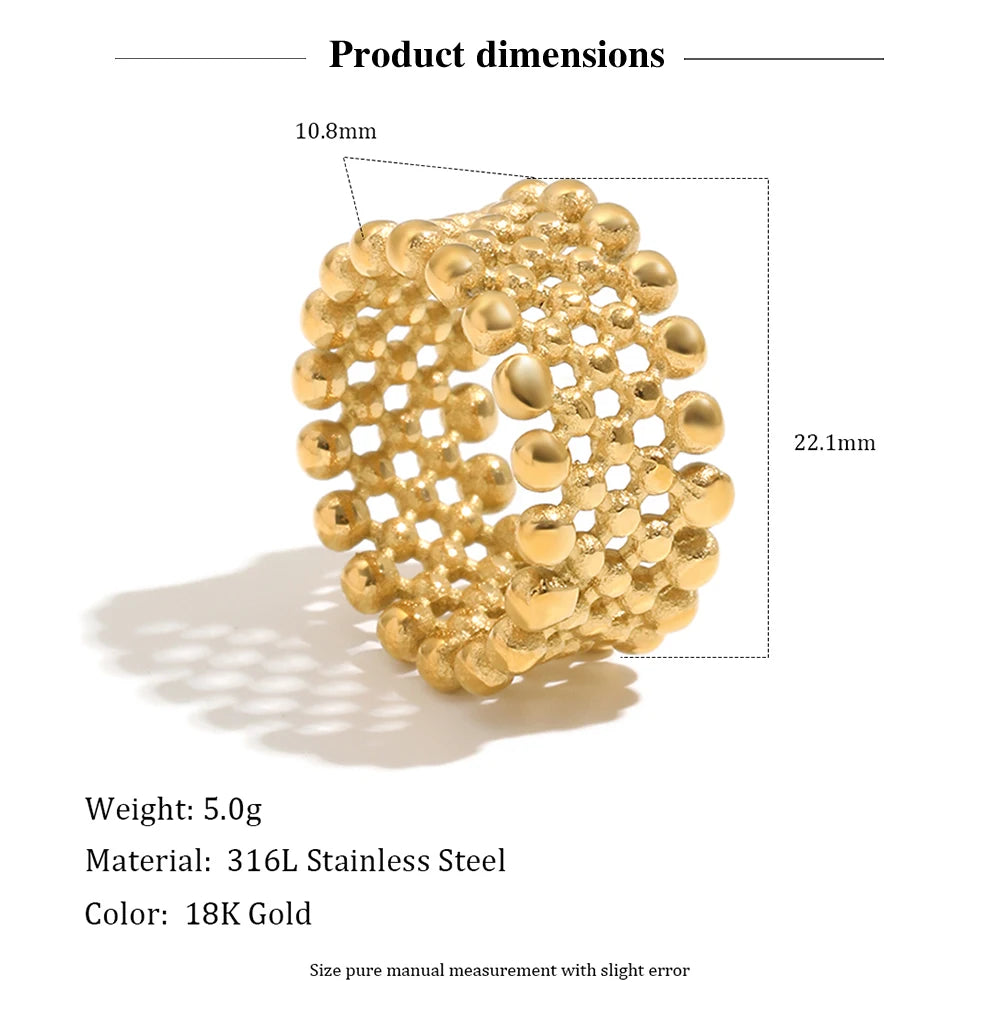 MamacitaPlay 316L Stainless Steel Mesh Hollow Out Ball Ring 18K Gold Plated Waterproof Jewelry For Women Trend Everyday Wear