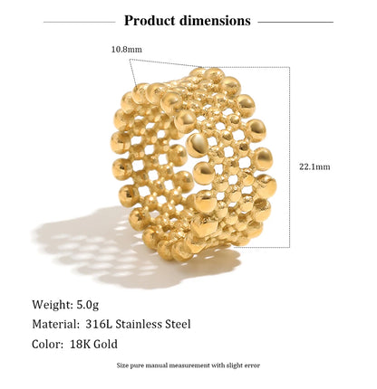 MamacitaPlay 316L Stainless Steel Mesh Hollow Out Ball Ring 18K Gold Plated Waterproof Jewelry For Women Trend Everyday Wear