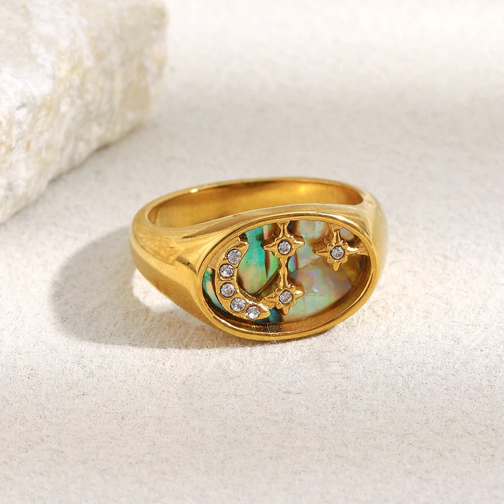 MamacitaSlay 316L Stainless Steel Abalone Shell Star Moon Colorful Ring 18K Gold Plated Waterproof Jewelry Women's Cool Ring
