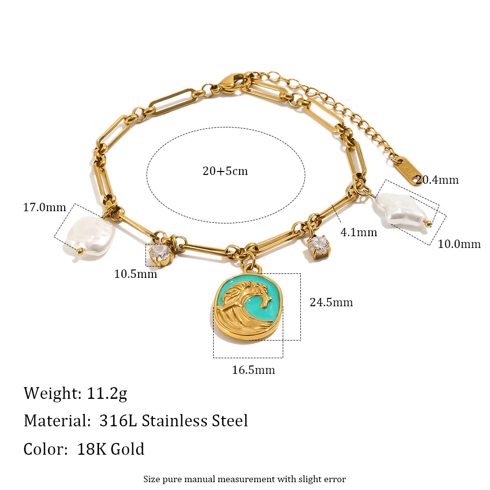 MamacitaSlay 316L Stainless Steel Baroque Pearl Enamel Pendant Bracelet Necklace 18K Gold Plated Waterproof Jewelry For Women