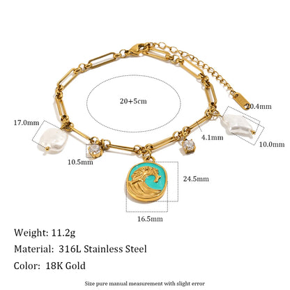 MamacitaSlay 316L Stainless Steel Baroque Pearl Enamel Pendant Bracelet Necklace 18K Gold Plated Waterproof Jewelry For Women