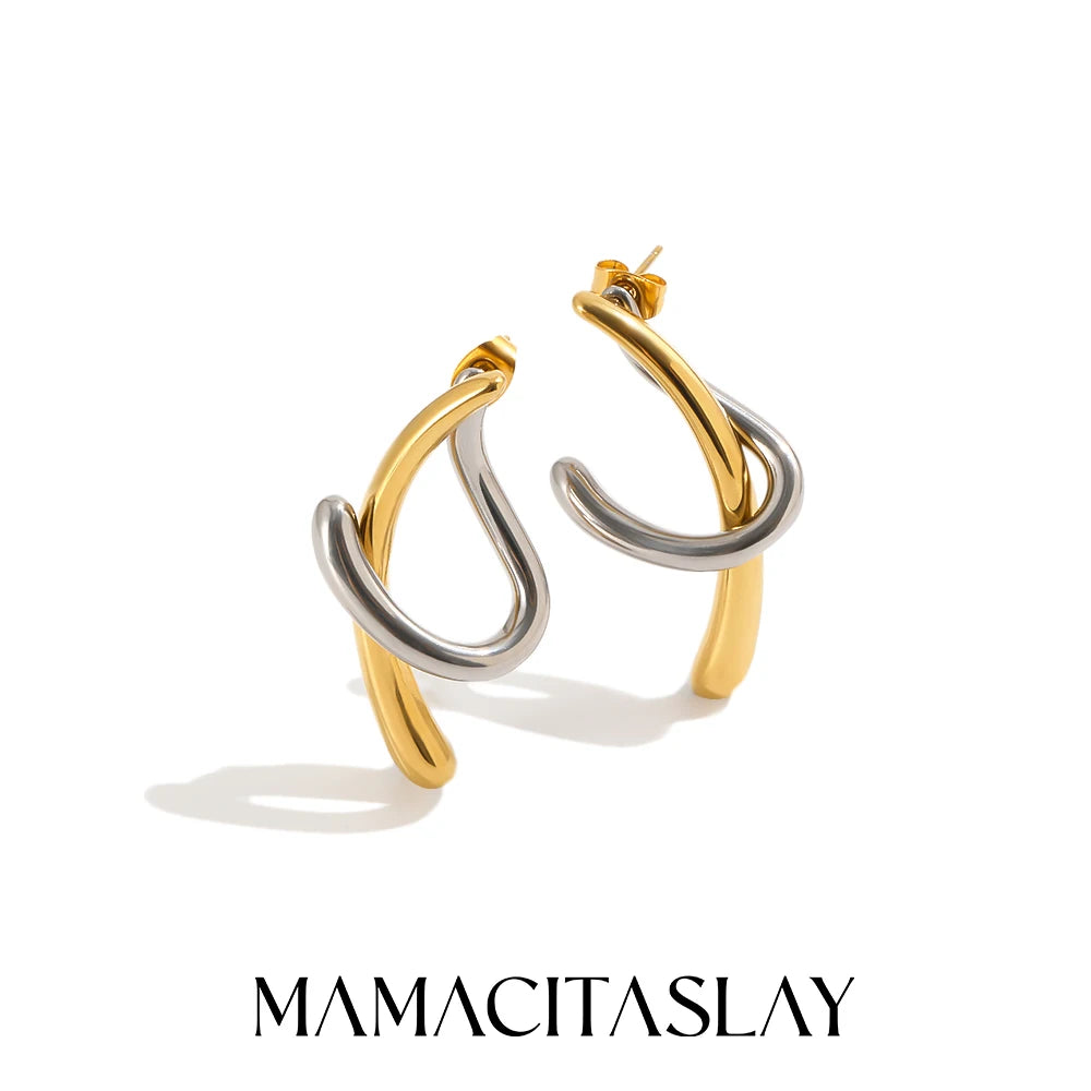 MamacitaSlay 316L Stainless Steel Two Tone Intertwined Stud Earrings 18K Gold Plated PVD Waterproof Jewelry For Women Daily Gift